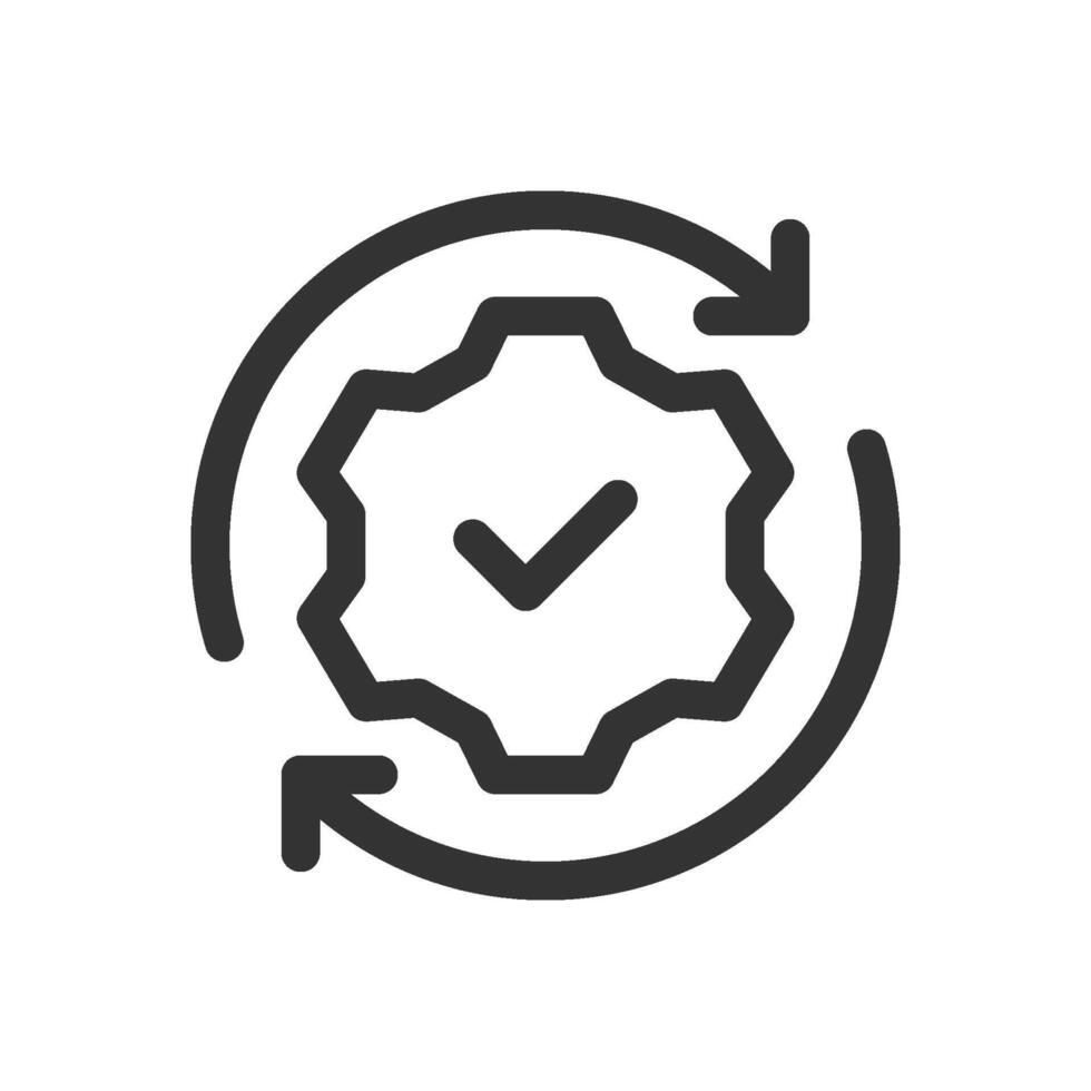 Gear with checkmark surrounded by arrows icon. representing successful process, completion, or workflow. vector