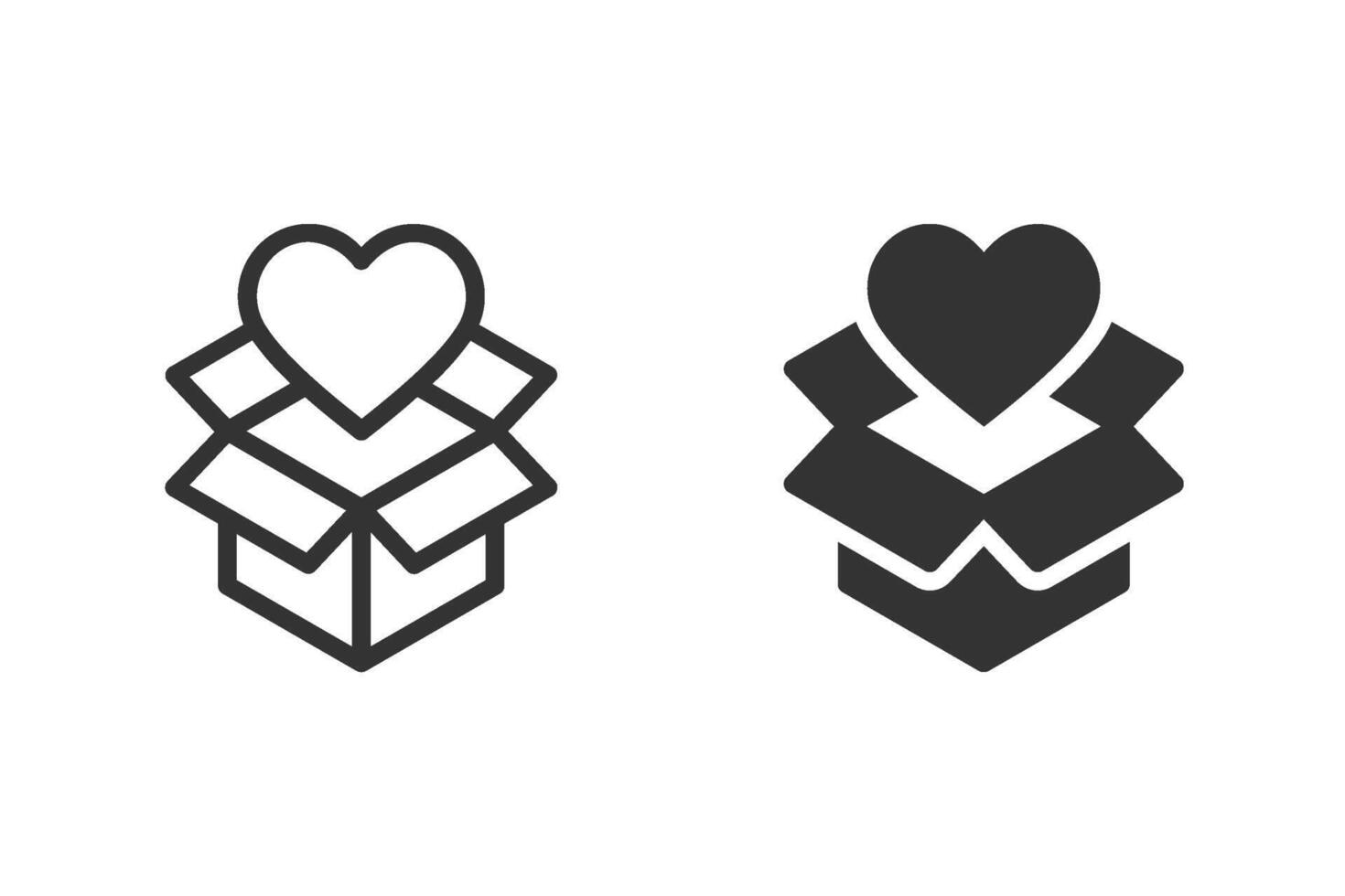 Heart emerging from open cardboard box icon set. Suitable for concepts related to love, gifts, giving, care, and delivery. vector