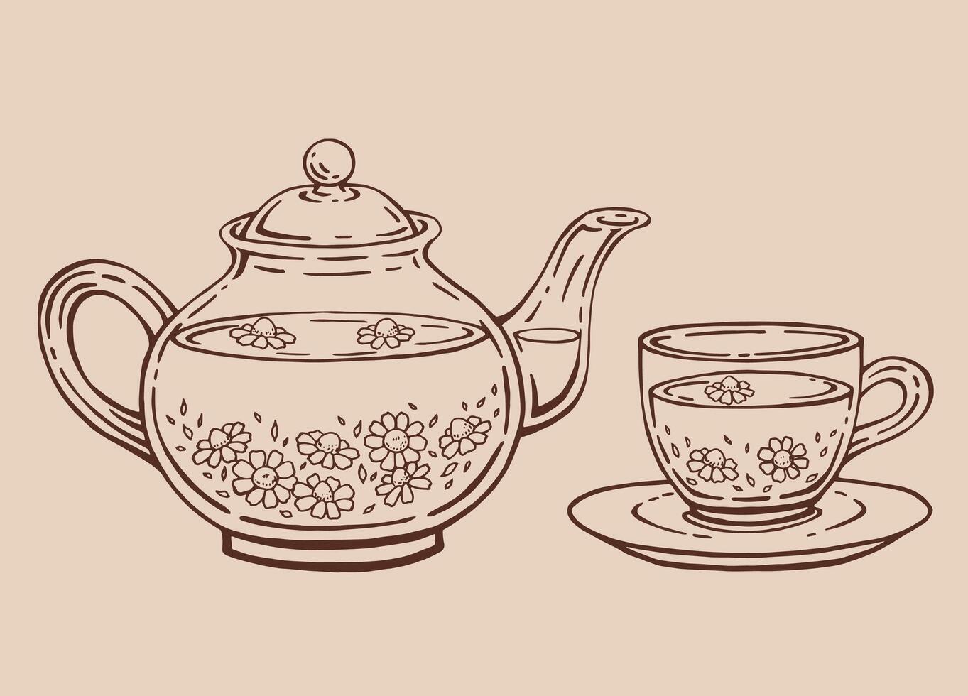 Tea set with glass teapot and cup, chamomile. Hand drawn illustration in outline style. vector