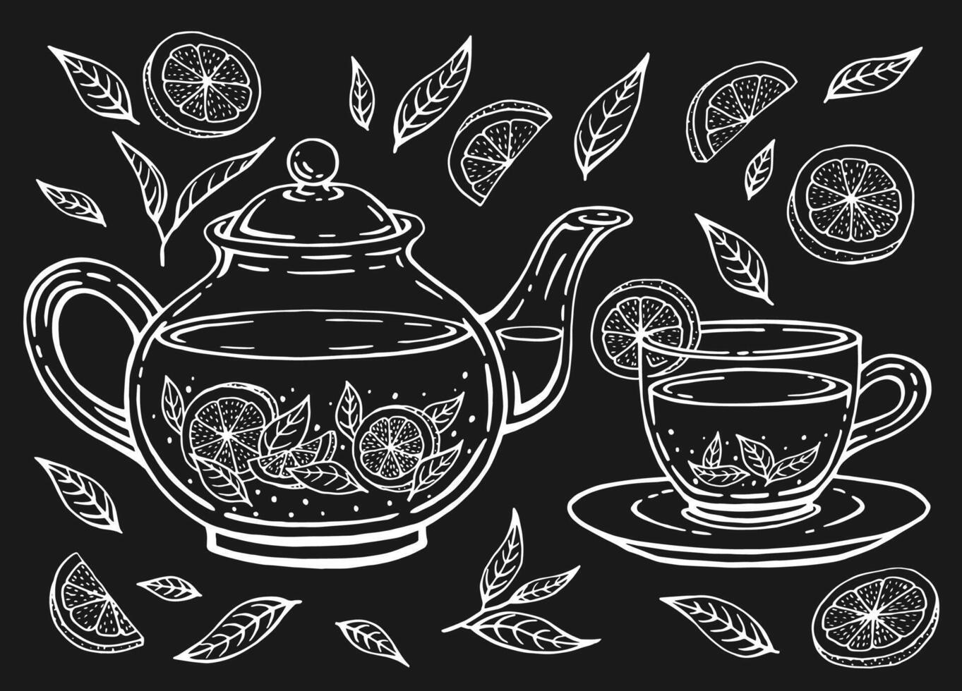 Tea set with healthy green tea, lemon slices, tea leaves. Teapot and cup Hand drawn vector