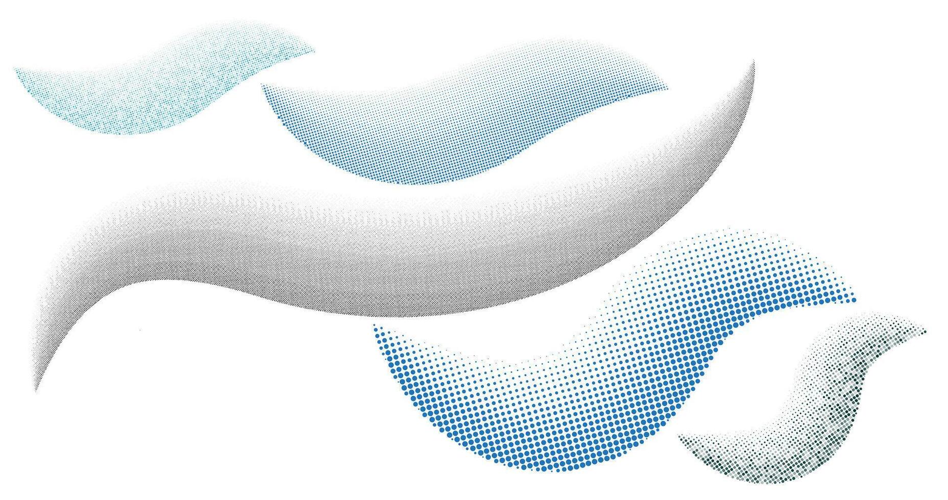 Realistic splashes geometric halftone dot work grain texture set on white background. Stipple sand dotted patterns, dotted texture effects. Trendy abstract graphic texture backdrop halftone art. vector