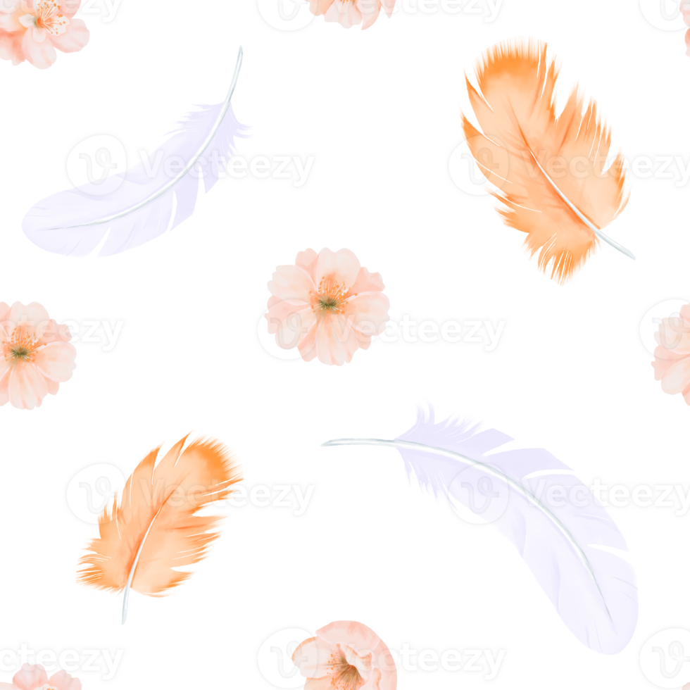 Watercolor Seamless Pattern from Feathers and Peach, Cherry or Sakura Flowers in Pastel Colors. Hand drawn illustration for fabric, textile and packaging prints. png