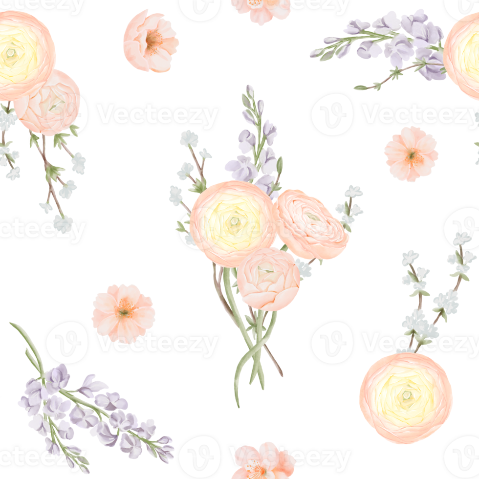 Seamless Pattern with Ranunculus and Freesia, Willow branches. Hand drawn Watercolor Illustration of Spring Flowers. For fabric or textile prints, gift packaging paper. png