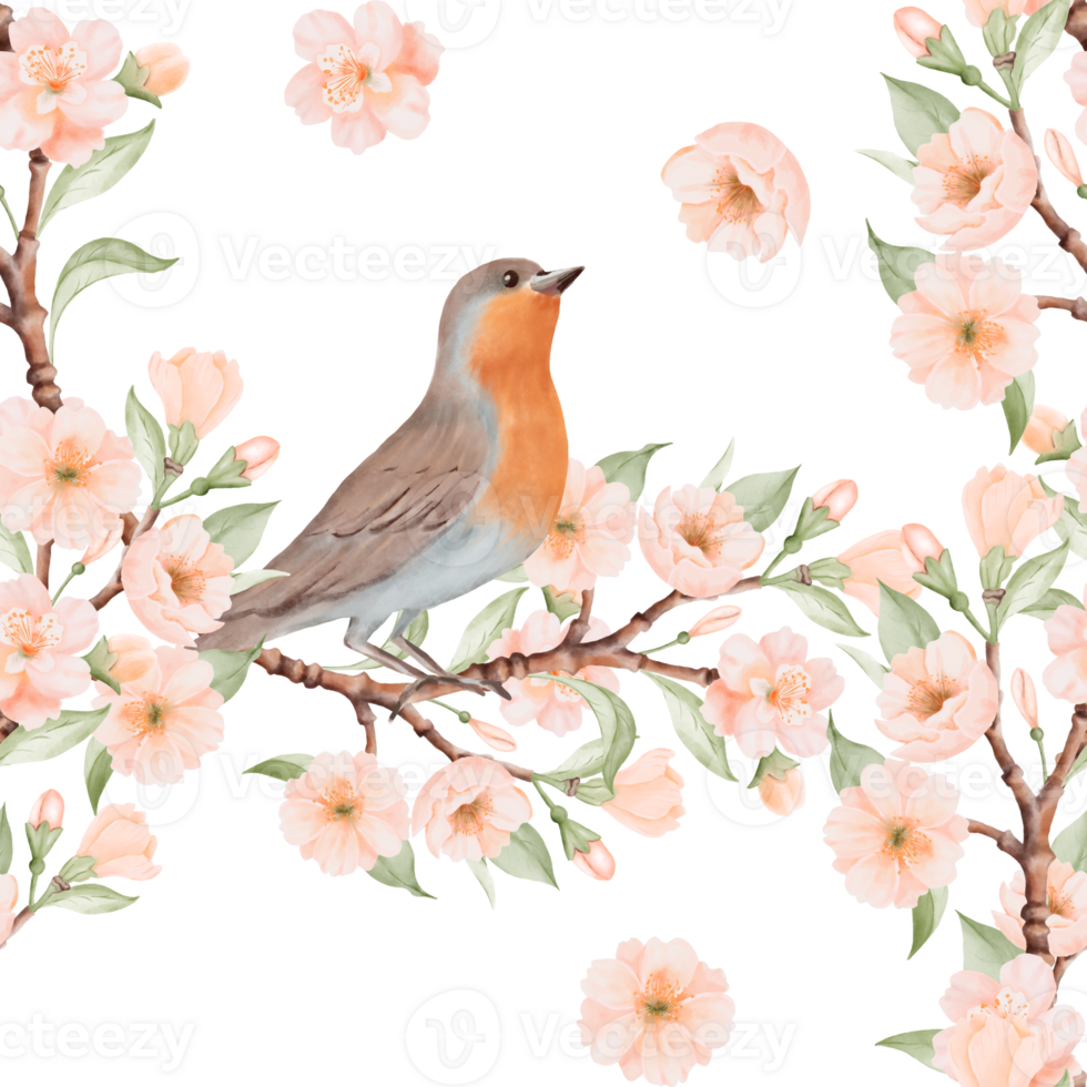 Bird and Blossoming Branches with Peach or Cherry Flowers Seamless Pattern. Hand drawn Watercolor Illustration of Spring blossom. For fabric or textile prints, gift packaging paper. png