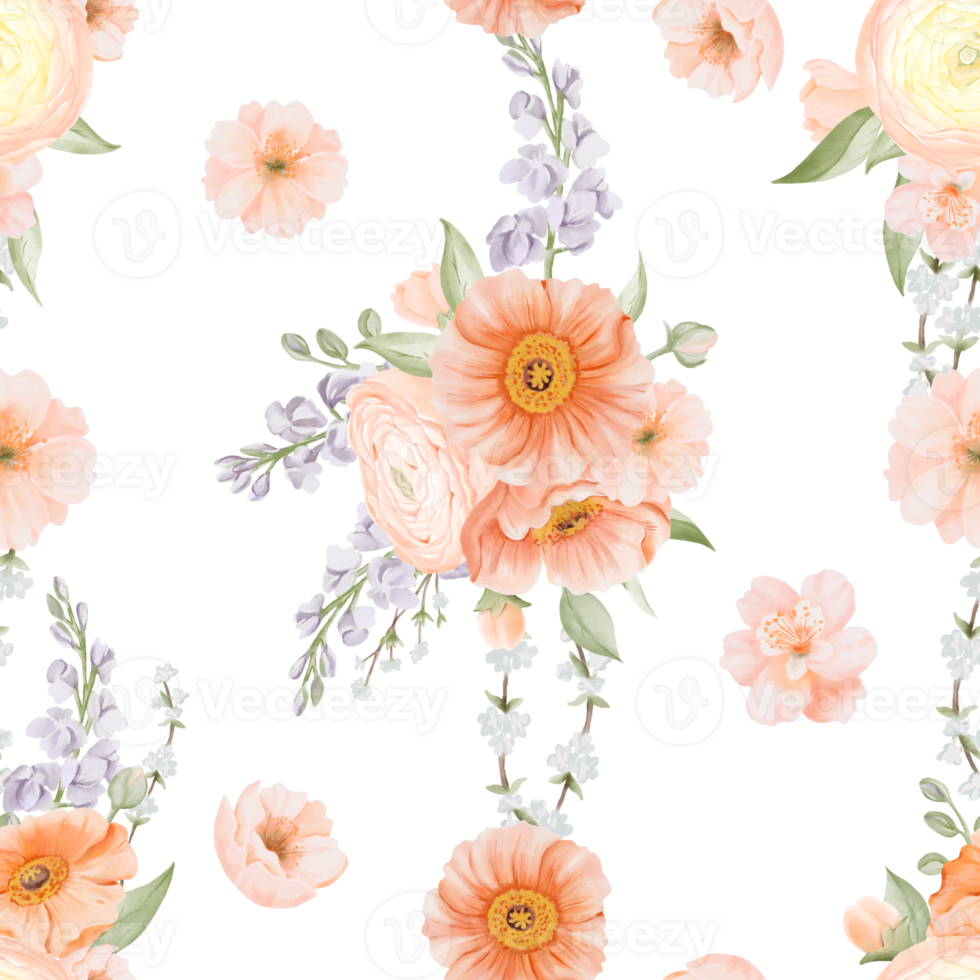 Seamless Pattern from Ranunculus, Iceland Poppy, Freesia and Peach or Cherry blossom and Willow. Hand drawn Watercolor Illustration of Spring Flowers. For fabric or textile prints, gift packaging png