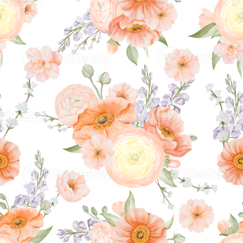Spring Flowers Seamless Pattern. Hand drawn Watercolor Illustration of Ranunculus, Iceland Poppy, Freesia and Peach or Cherry blossom. For fabric or textile prints, gift packaging paper. png