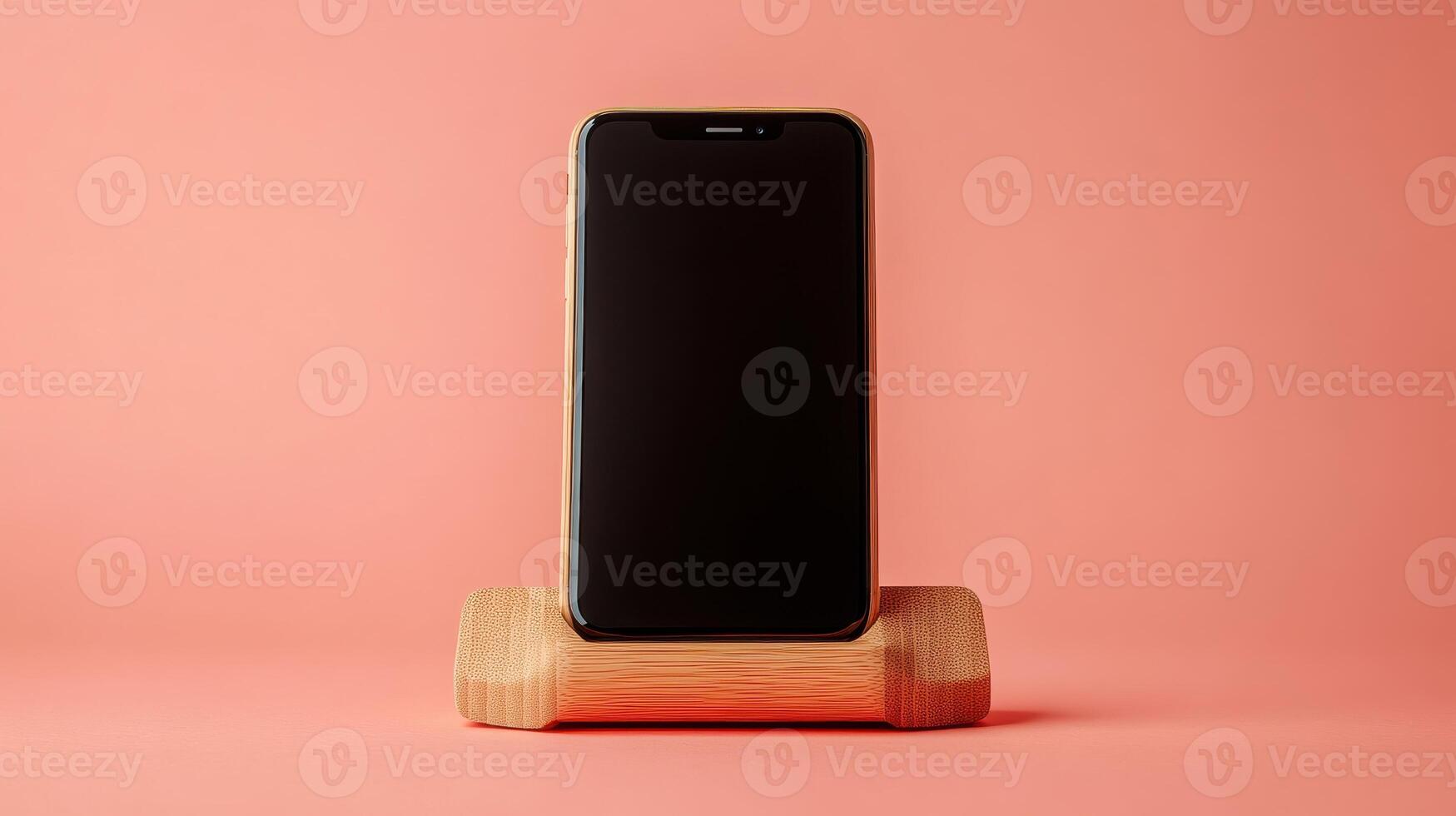 Innovative Wooden Phone Stand Perfect for Home or Office Use on a Coral Background to Enhance Your Workspace Aesthetic and Organization photo