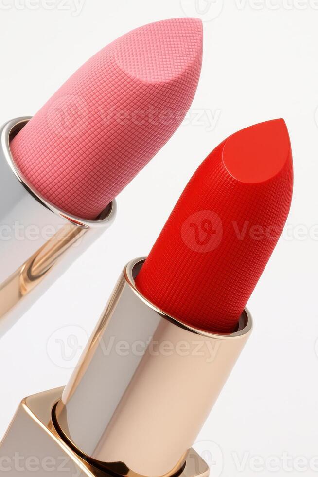 Macro close up of two luxurious lipsticks one soft pink and the other bold red with an elegant geometric texture on the surface, displayed in shiny golden cases. photo
