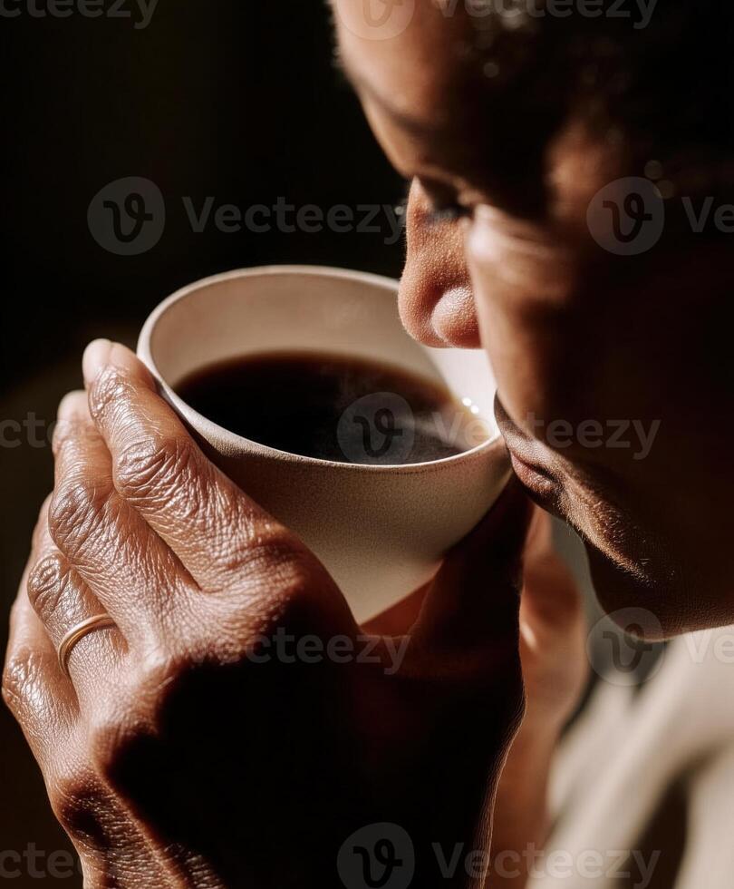 A close-up, intimate portrait of a woman holding a white ceramic cup with both hands, bringing it close to her lips as steam rises gently from the dark coffee. photo