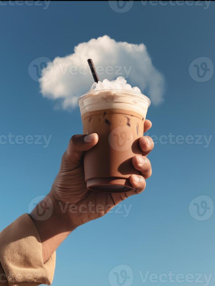 A surreal and playful composition featuring a hand holding an iced coffee in a transparent plastic cup with foam and a straw, aligned perfectly against a clear blue sky with a fluffy white cloud photo