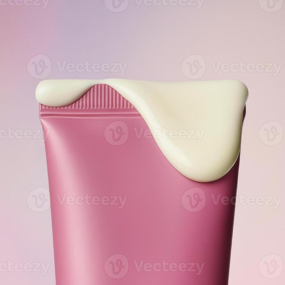Minimalist beauty close-up of a vibrant pink cosmetic tube with thick white cream overflowing and dripping down the side. photo