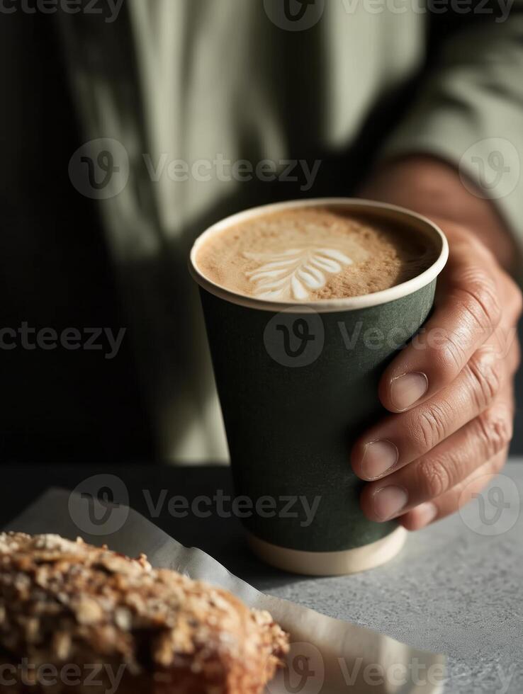 A minimalist coffee scene featuring a mans hand holding a dark green paper cup with a latte that has elegant leaf latte art on top. photo