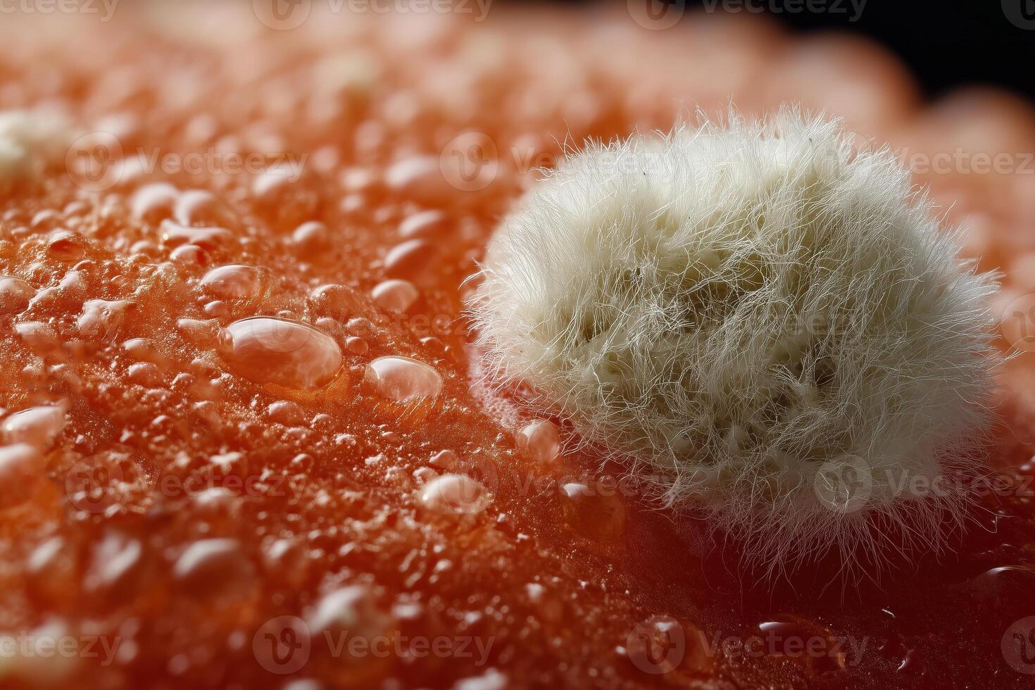Macro photograph of a white mold colony growing on the surface of a ripe red tomato. photo