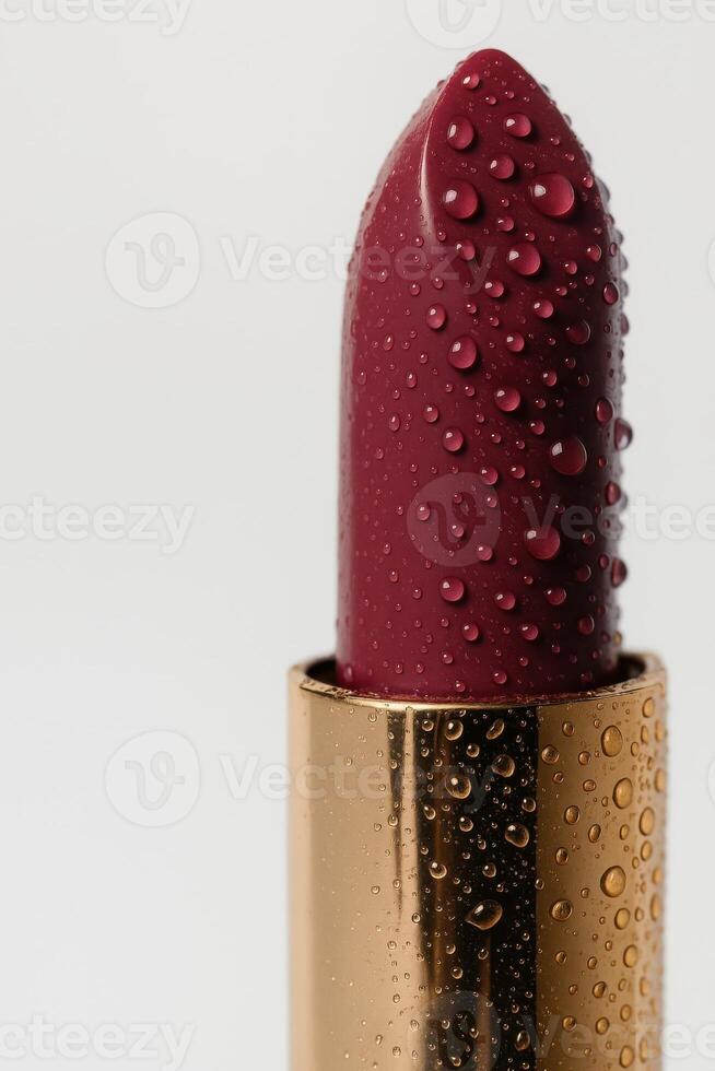 Macro close-up of a luxurious burgundy lipstick bullet covered in fresh water droplets, standing vertically in a shiny gold tube. photo