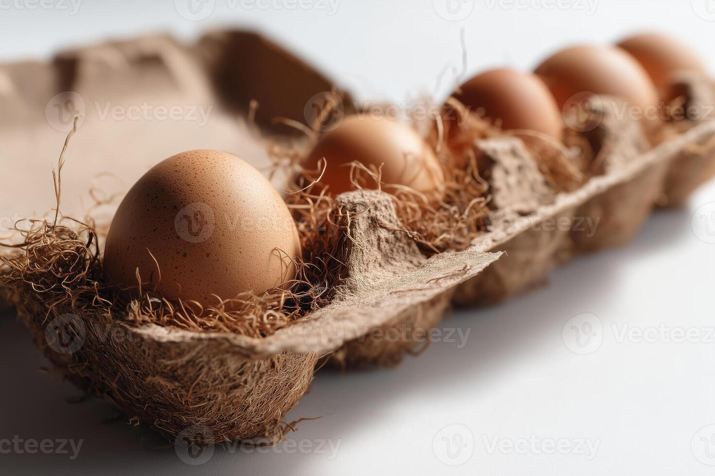 Brown chicken eggs resting in a biodegradable egg carton made from coconut fiber and recycled pulp. photo