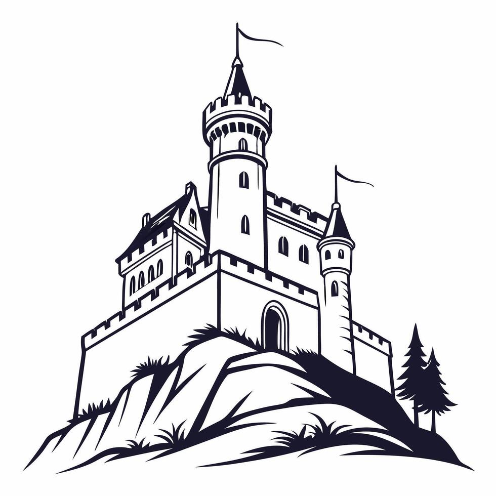 Medieval Castle Illustration Monochrome , Hilltop Fortress. vector