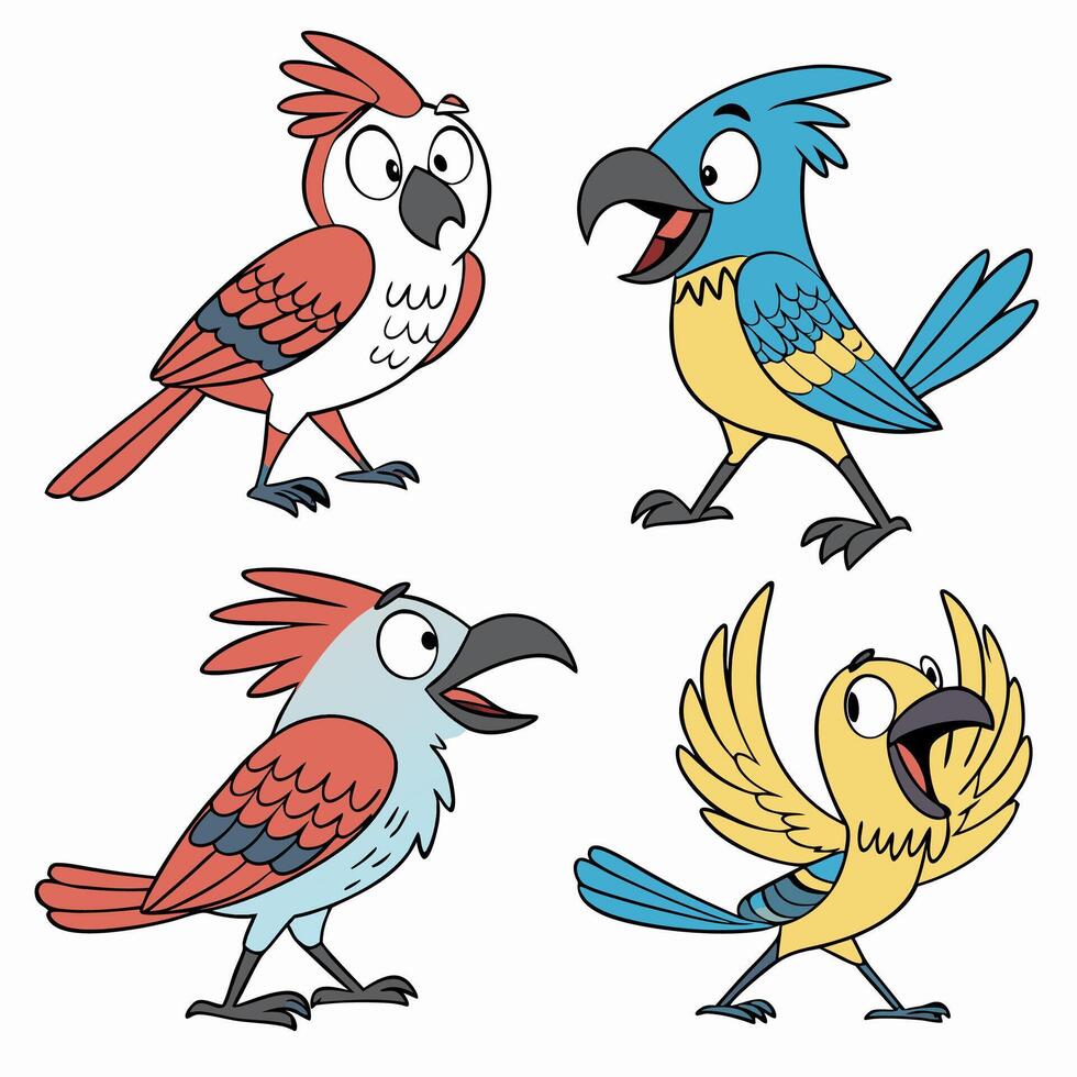 Cartoon Birds Illustration Colorful Parrot Set, Clipart for Kids, Red, Blue. vector