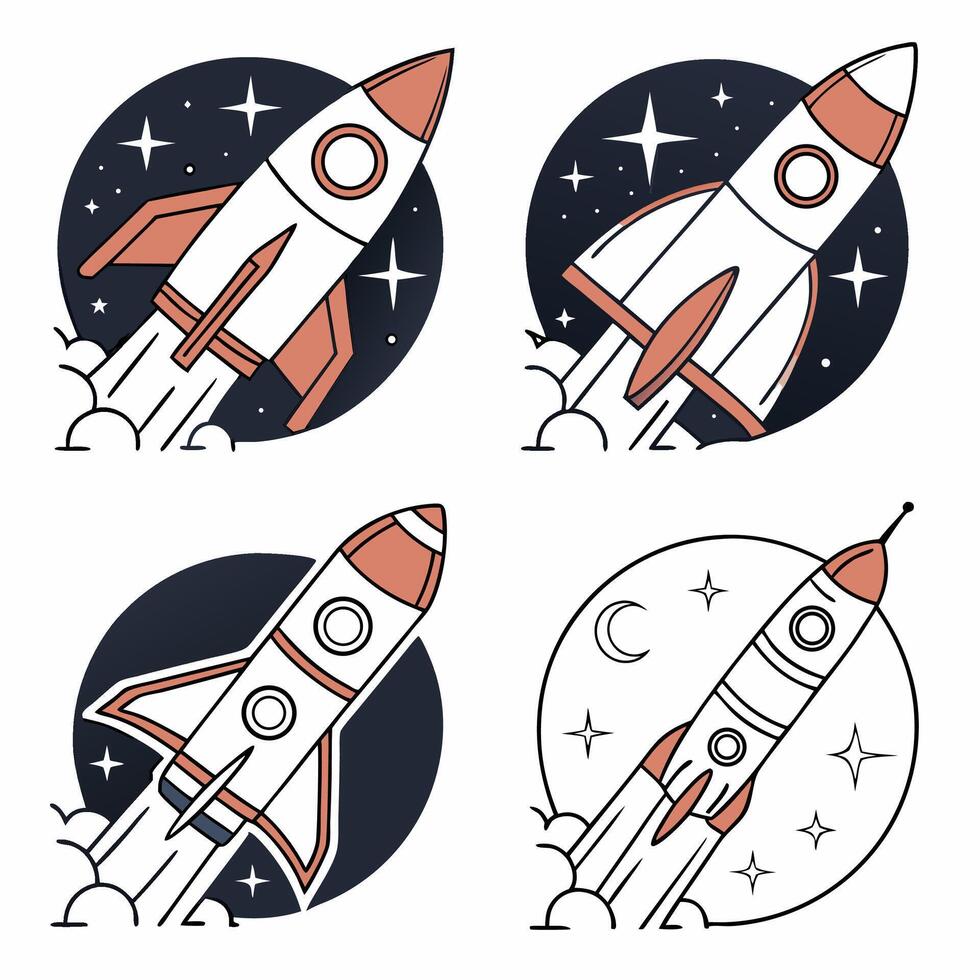 Minimalist Rocket Ship Illustrations Line Art, Coral. vector