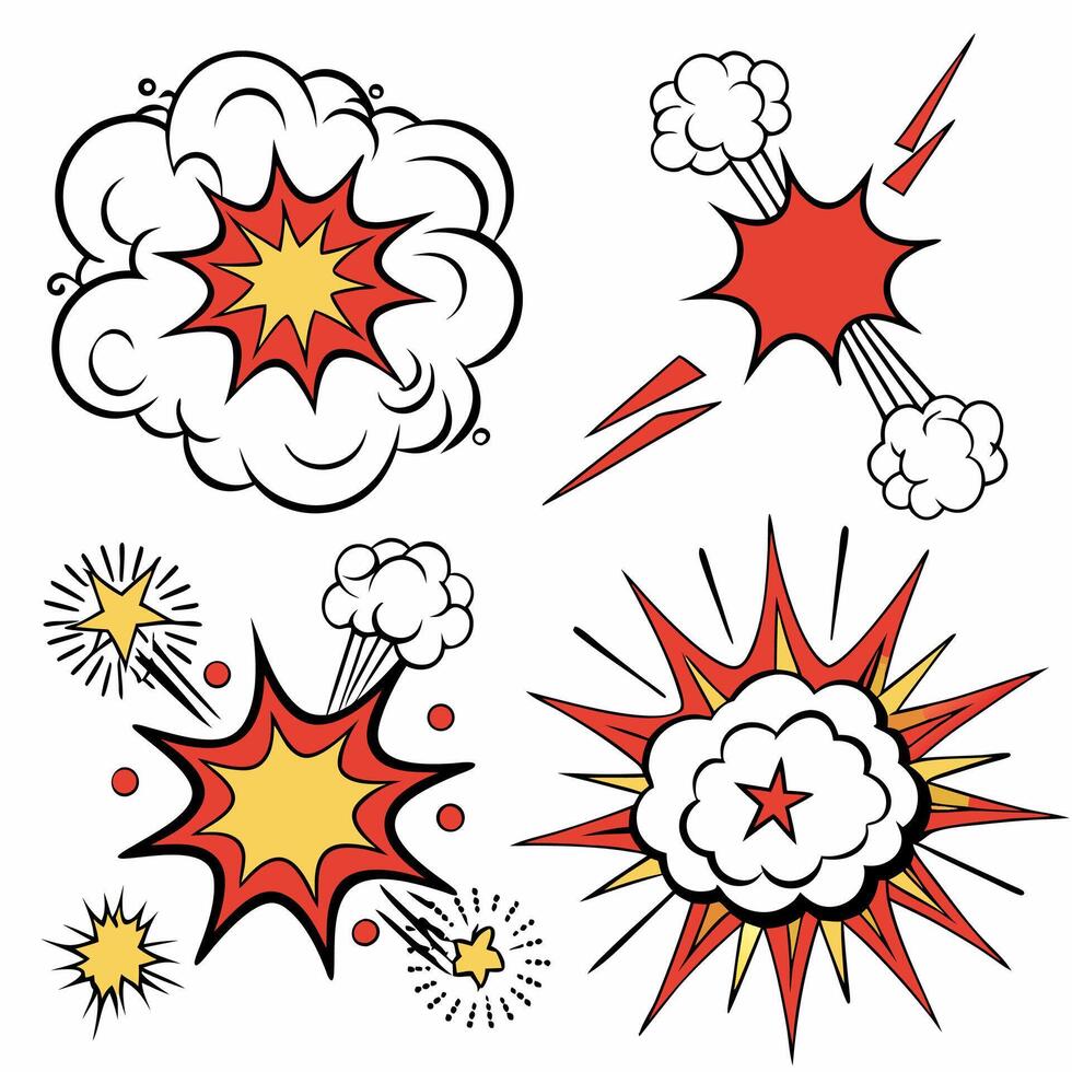 Comic Book Explosions Retro Red and Yellow Pop Art Style Graphics Set. vector