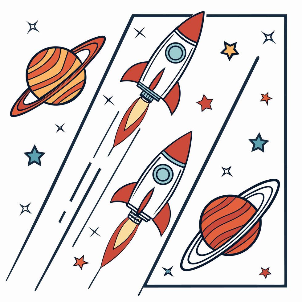 Two Rockets Flying Past Planets in Space vector