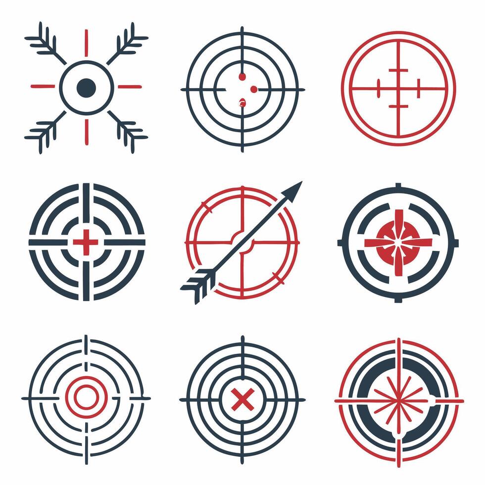 Target Icons 9 Professional Aiming Symbols, Red and Blue, Archery, Shooting. vector