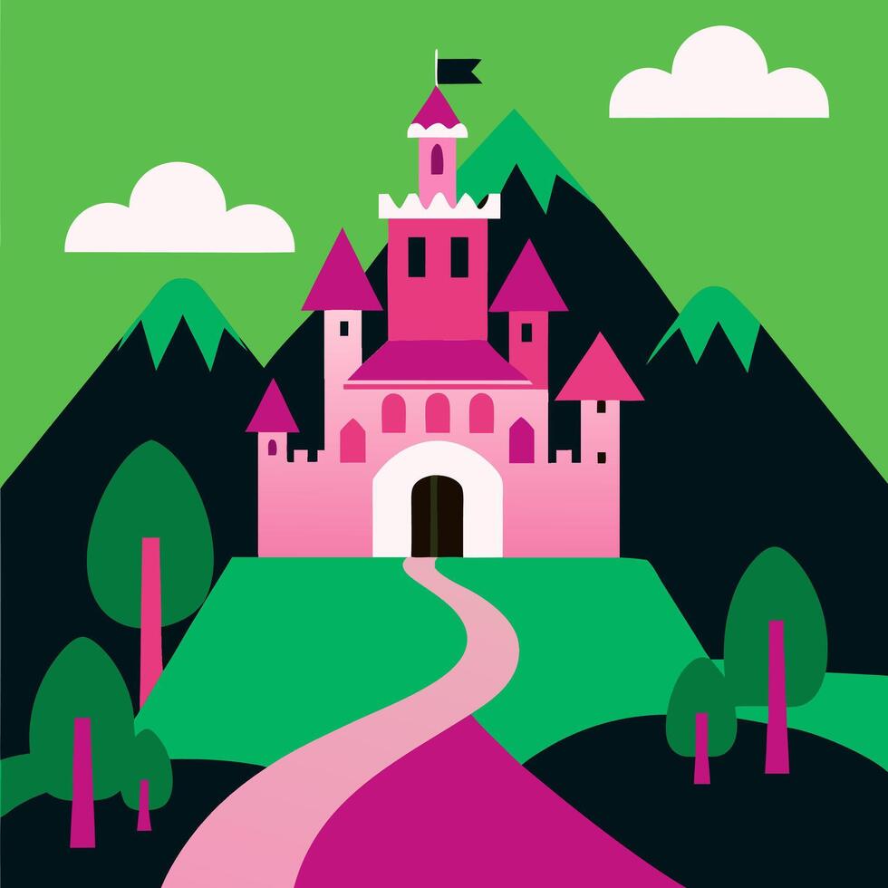 Pink Castle Illustration, Fairytale Landscape vector