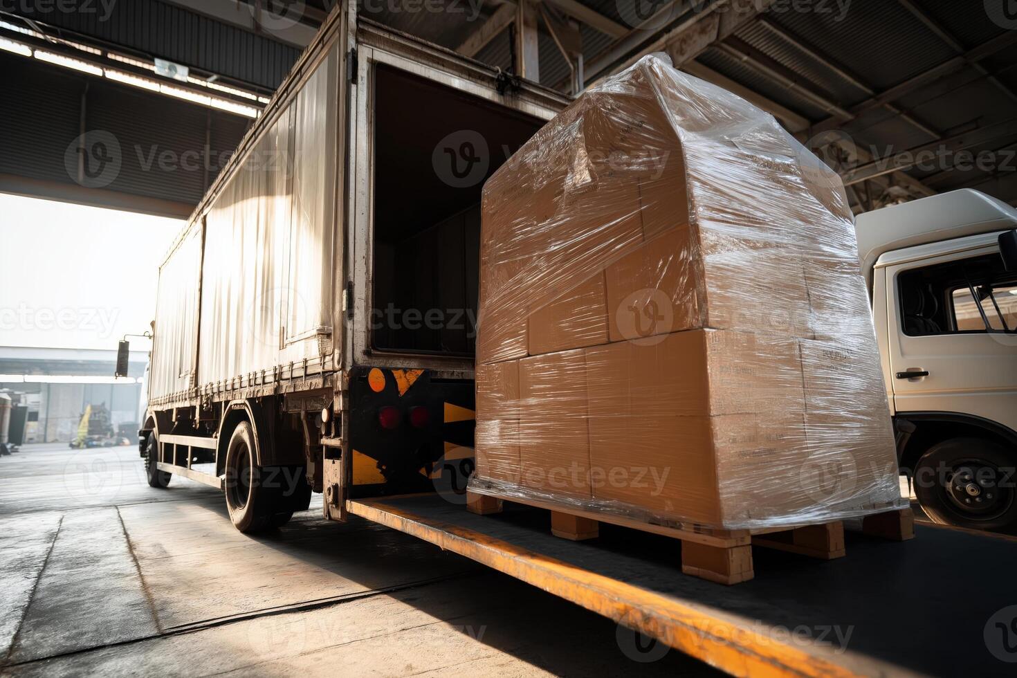 A logistics warehouse scene showing a large pallet of cardboard boxes tightly wrapped in transparent stretch film being loaded into the back of a delivery truck. photo