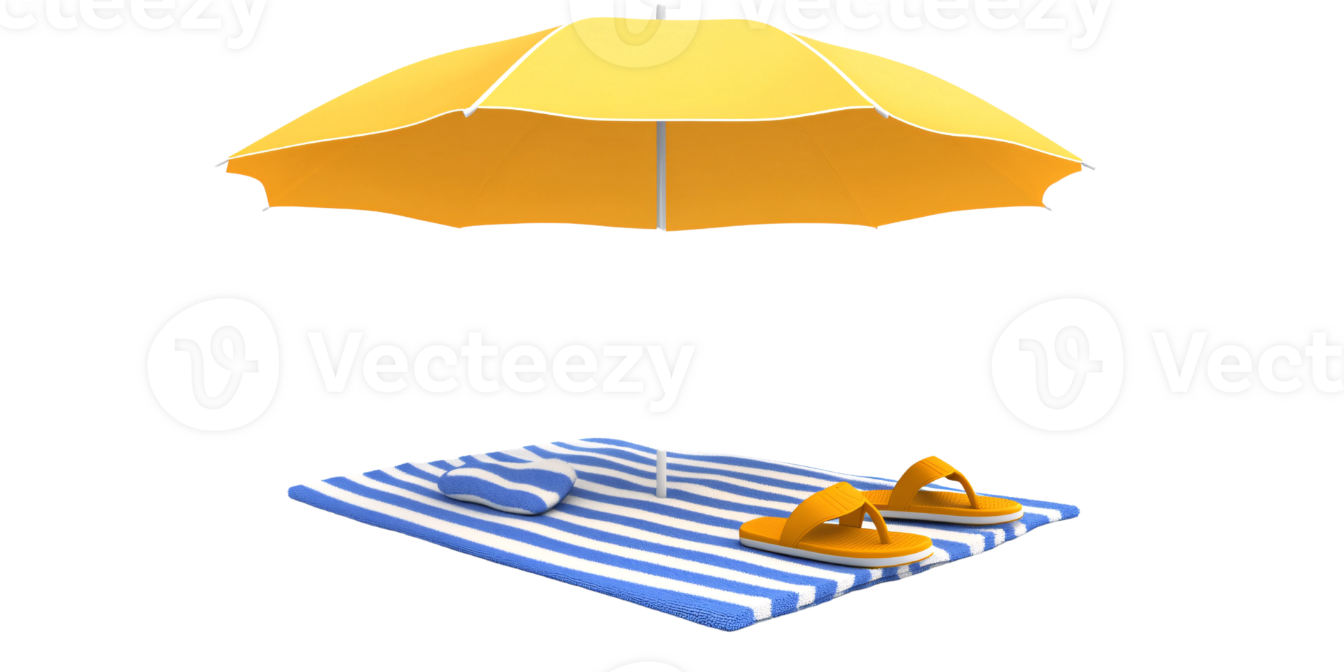 Summer beach scene with yellow umbrella, striped towel, pillow, and flipflops on a transparent background Concept of vacation, relaxation, and summertime png