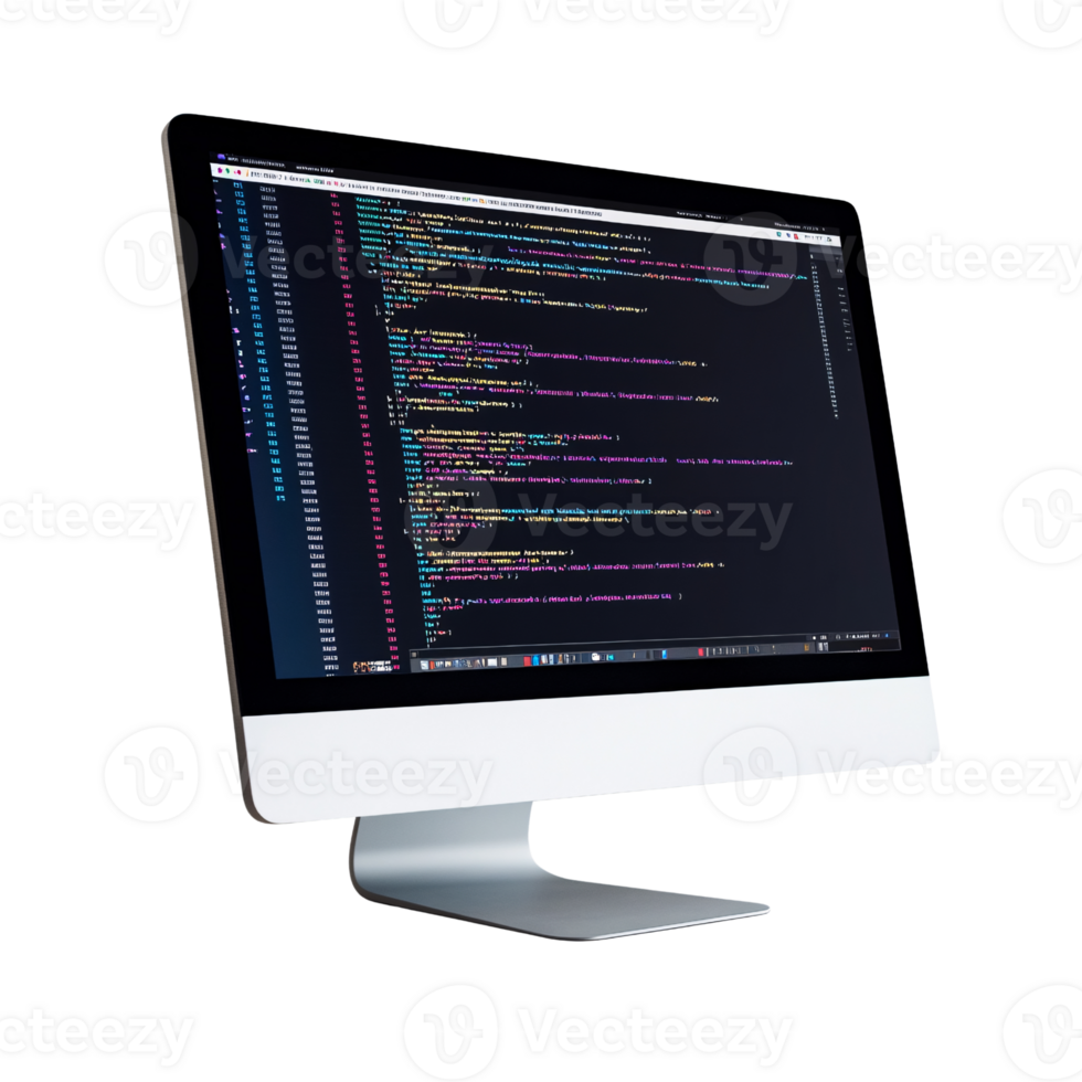Modern desktop computer displaying source code on a dark screen, showcasing software development, programming, and coding on a transparent background png