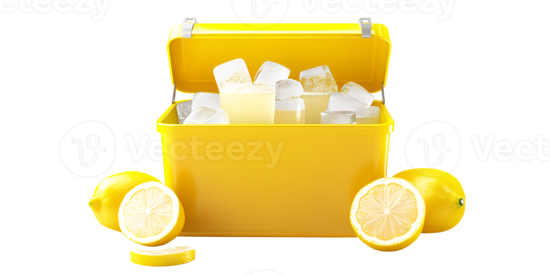 Refreshing yellow cooler filled with ice and lemonade, surrounded by fresh lemons on a transparent background Concept of summer, refreshment, and healthy lifestyle png