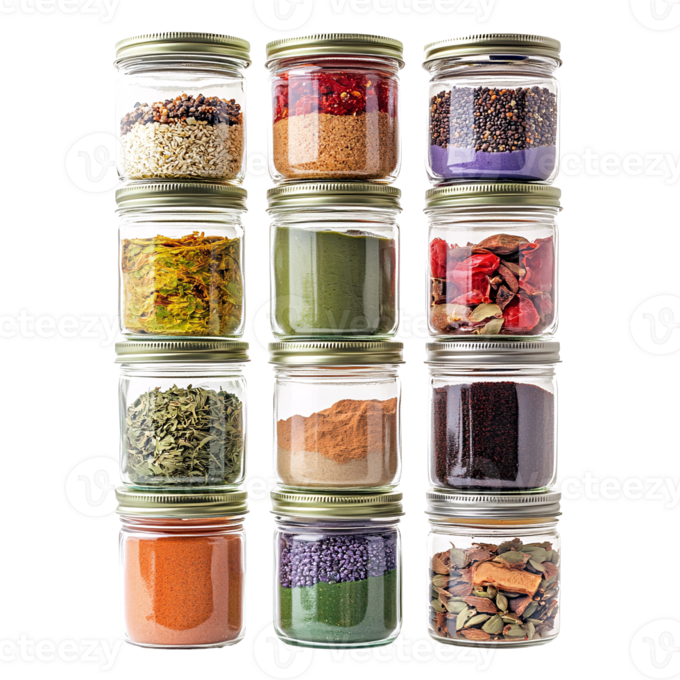 Assortment of colorful dried spices and herbs in glass jars on a transparent background Concept of cooking ingredients, flavor enhancement, and culinary arts png