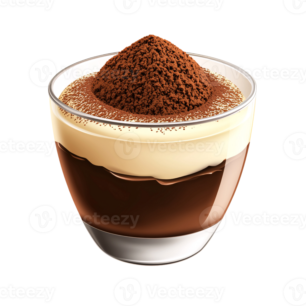 Delicious chocolate pudding dessert with creamy vanilla layer and cocoa powder topping in a glass cup on a transparent background Sweet treat concept png