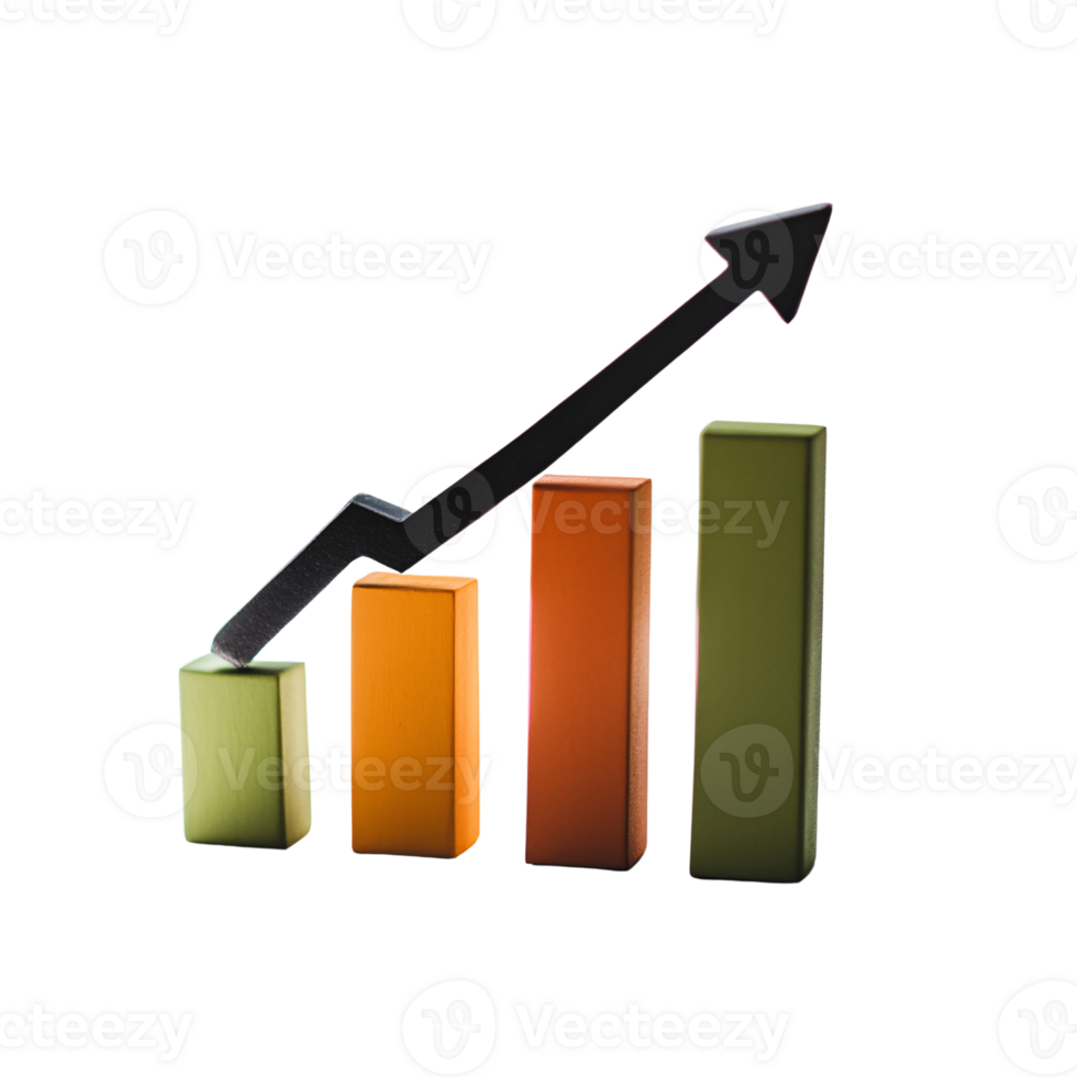 Upward trending bar graph with arrow on transparent background Concept of business growth, financial success, and positive market performance png