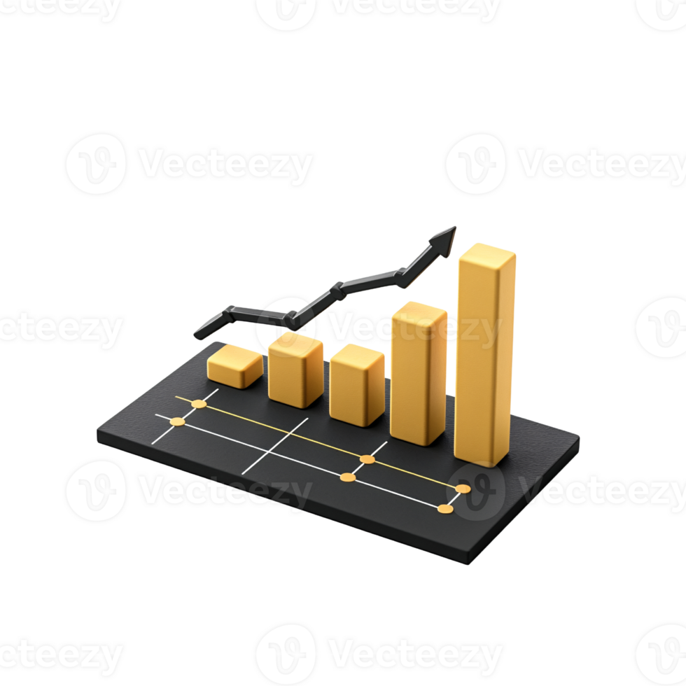 Golden bar graph with upward trending arrow on a transparent background Concept of financial growth, investment, and stock market success png