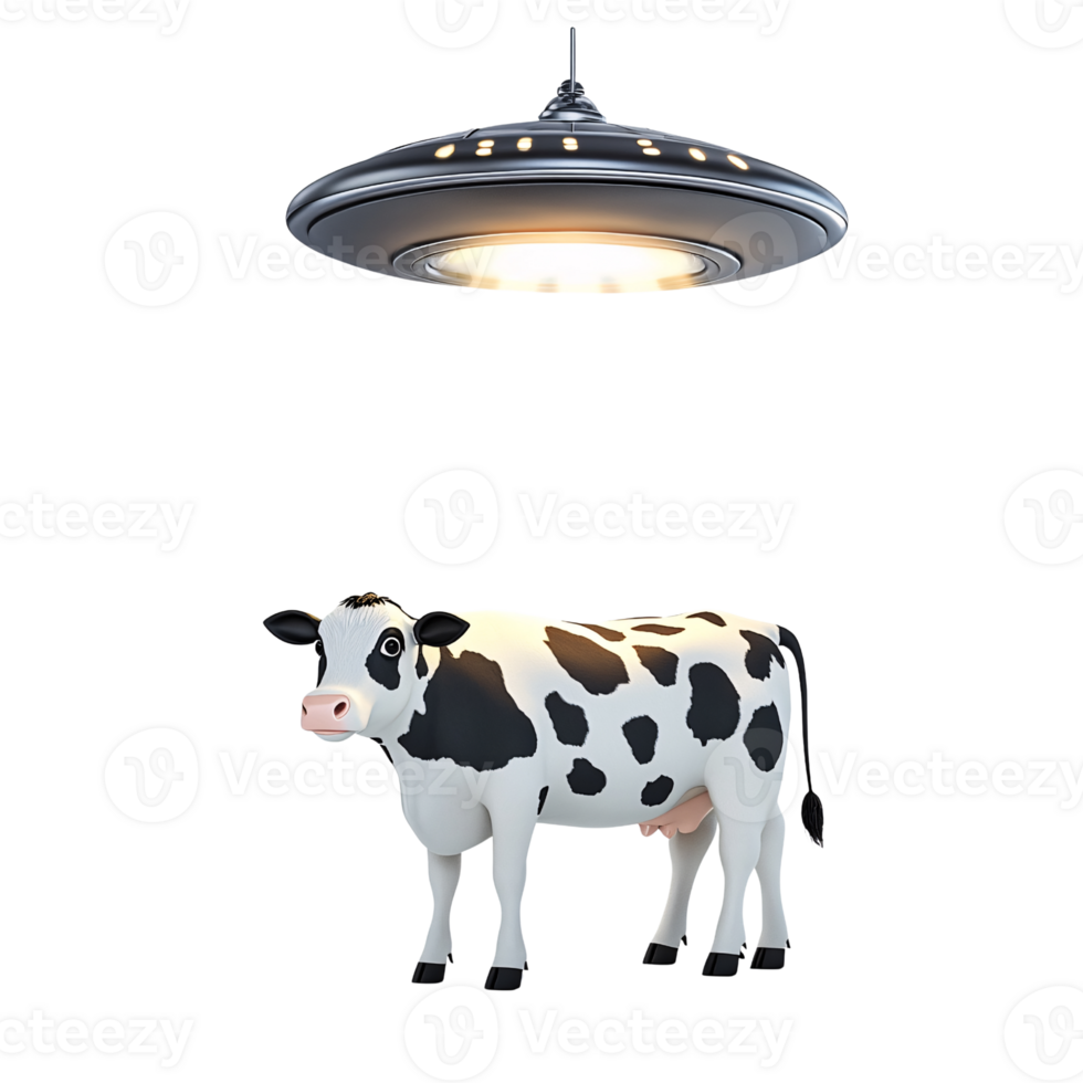 Cartoon cow being abducted by a UFO on a transparent background Concept of alien invasion, science fiction, and extraterrestrial life png
