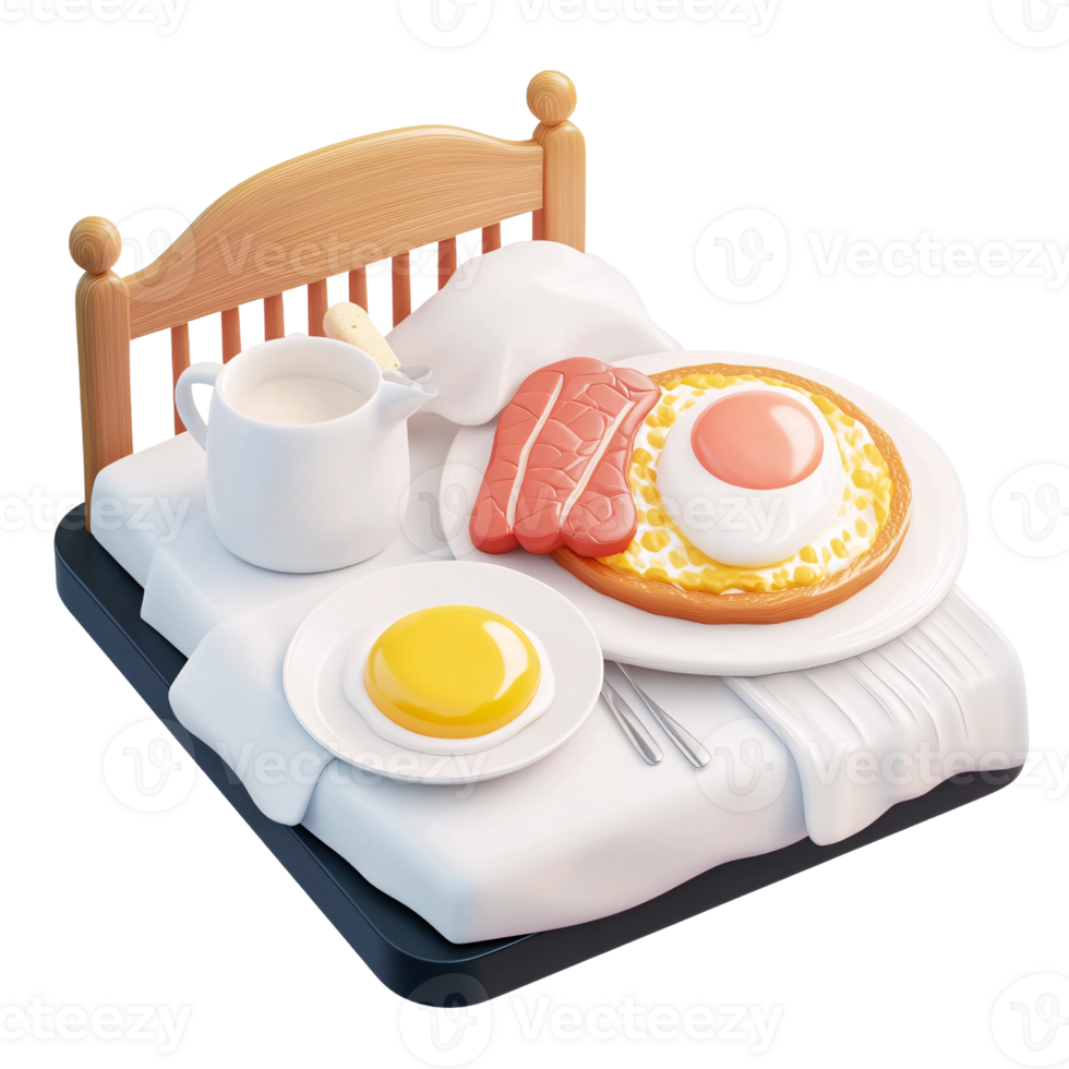 3D rendering of breakfast in bed with fried egg, bacon, and milk on a transparent background Concept of lazy morning, relaxation, and indulgence png