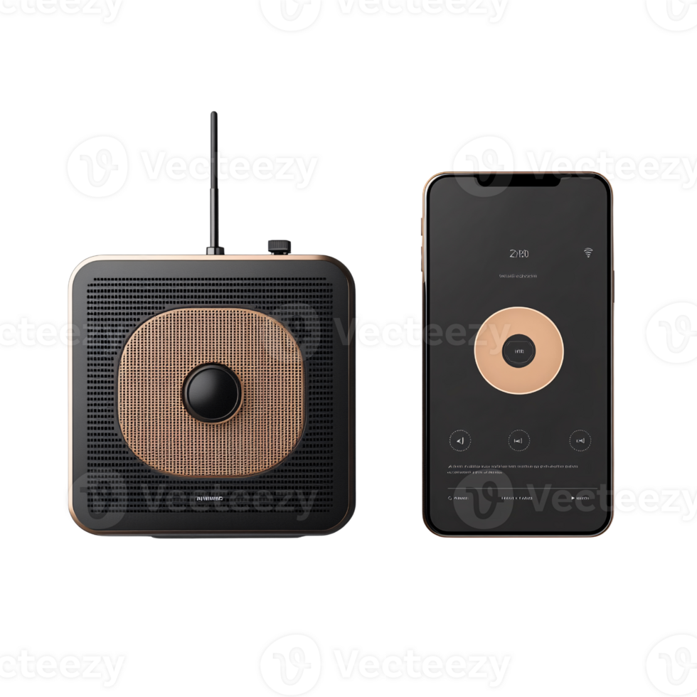 Modern black and gold radio with antenna and smartphone app interface for music streaming Concept of audio technology, wireless connectivity, and digital lifestyle png