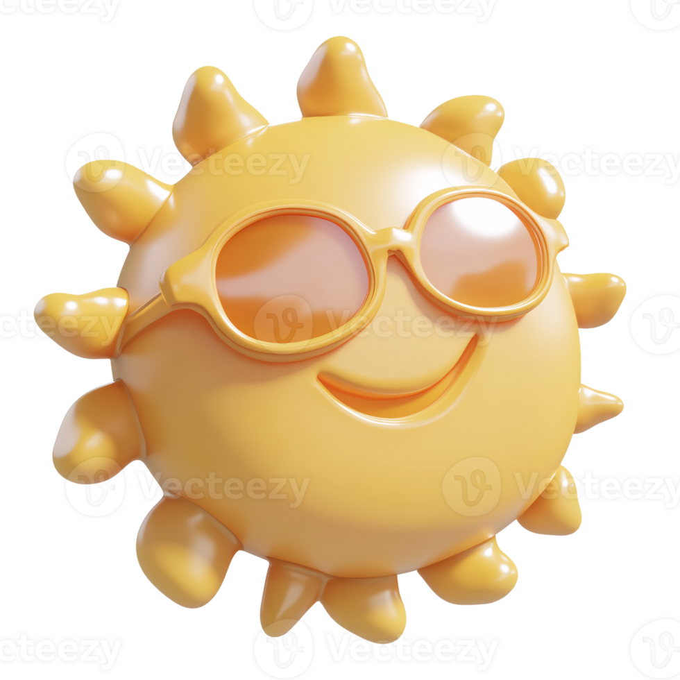 Cheerful 3D sun character wearing sunglasses with a happy smile on a transparent background Concept of summer, vacation, and positive energy png