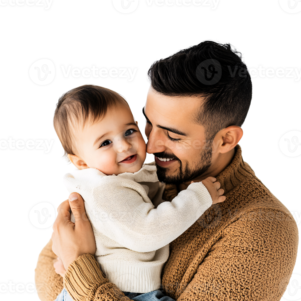 Happy Hispanic father holding his adorable baby son, smiling and hugging indoors on a transparent background Concept of family love, parenthood, and fatherhood png