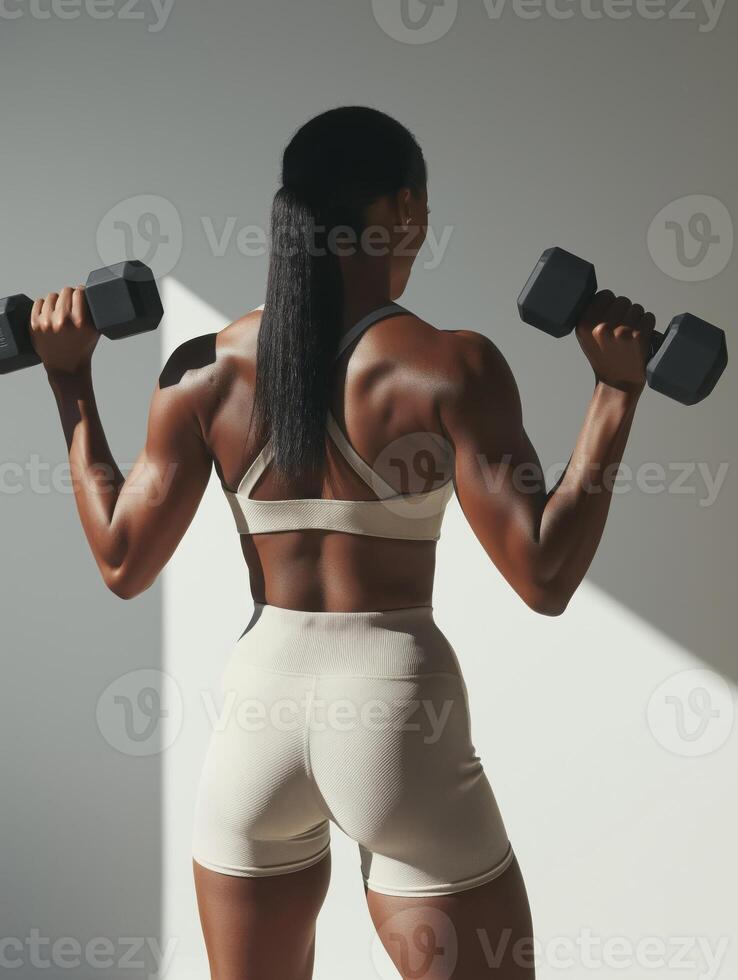 A fit woman with long straight hair tied in a ponytail stands with her back to the camera, lifting two heavy black dumbbells. She wears a light-colored activewear set photo