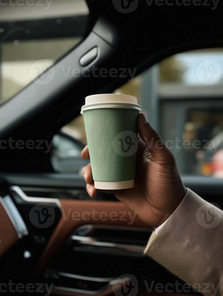 A close-up shot of a hand holding a green textured paper coffee cup with a white lid inside a luxury car. photo
