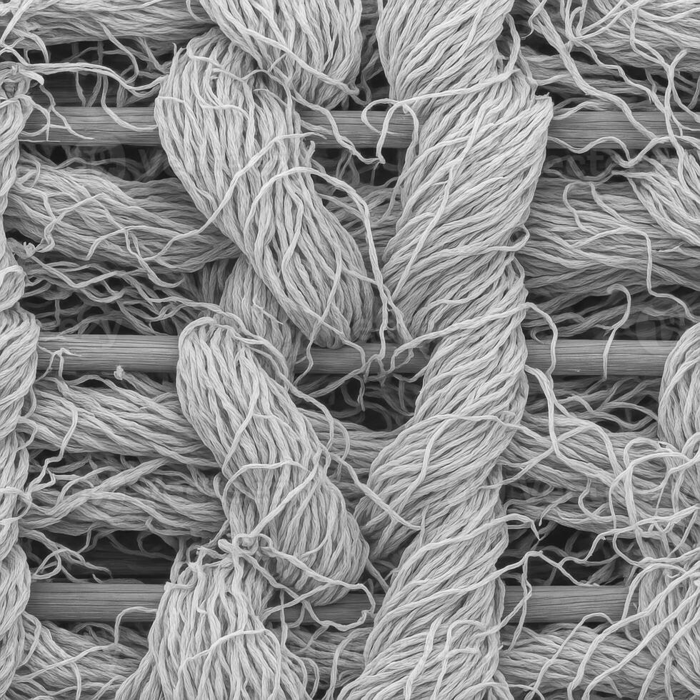 Scanning electron microscopy of woven fabric made of cotton and Lycra, captured in macro view. The structure features thick fiber bundles twisted together photo