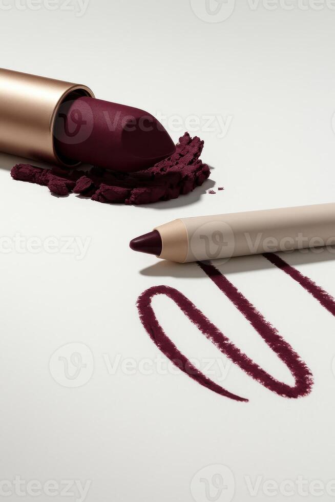 Minimalist beauty flat-lay featuring a dark plum lipstick with a broken textured base and a matching lip liner pencil drawing curved strokes on a clean white background. photo