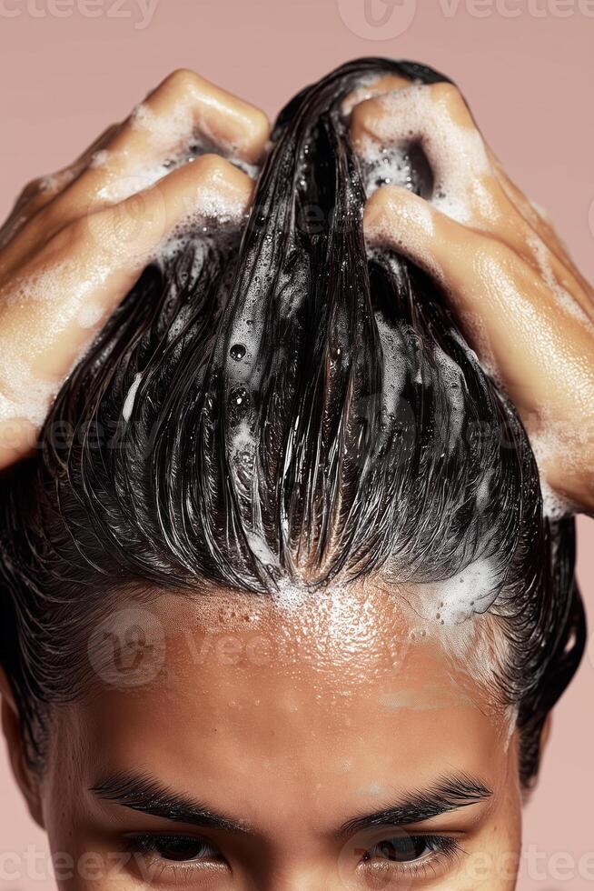 Close-up of a woman with wet dark hair gathered upward in her hands, covered in shampoo and thick foam. Her face is partially visible, expression focused. Skin is dewy and clean, background is solid photo
