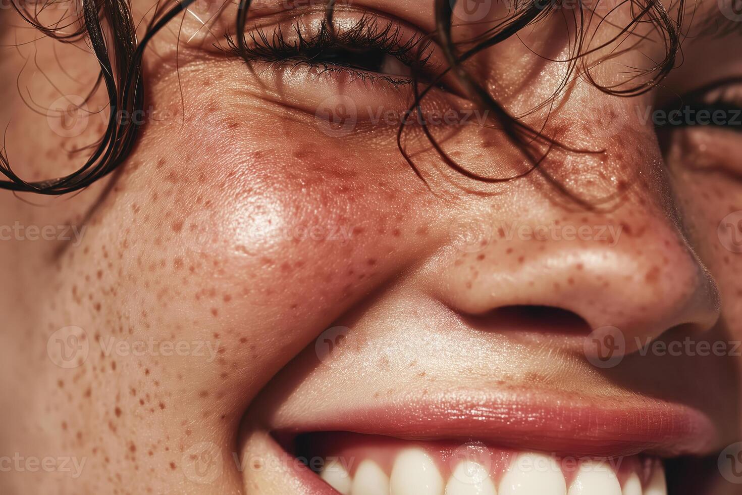 Ultra close-up macro shot of a smiling young womans face with glowing skin, pronounced freckles, and natural texture. photo