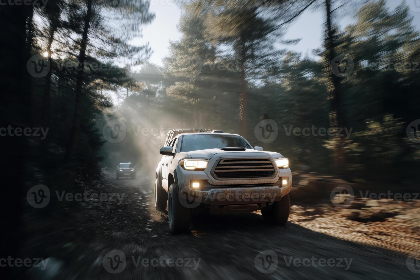 A rugged white off-road truck speeds through a dense pine forest on a muddy trail, its front LED lights cutting through the mist and shadows. photo