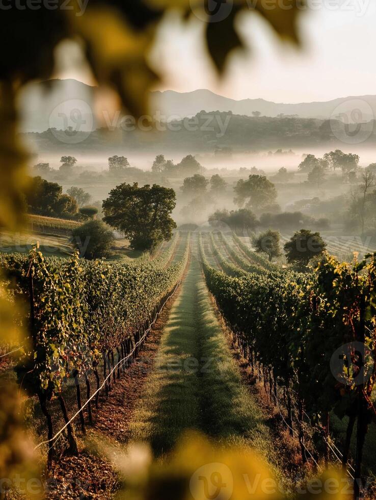 A picturesque vineyard at sunrise, bathed in soft morning mist. photo
