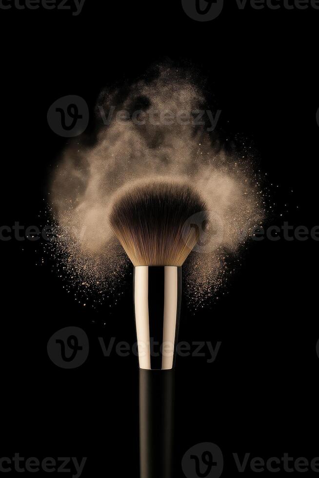 Dramatic close-up of a luxurious powder makeup brush dispersing a cloud of golden beige loose powder against a deep black background. photo