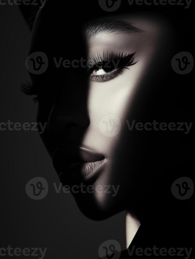 Beauty portrait of a woman with dark skin, close-up lit by a narrow beam of light that highlights one side of her face eye, cheekbone, lips. photo