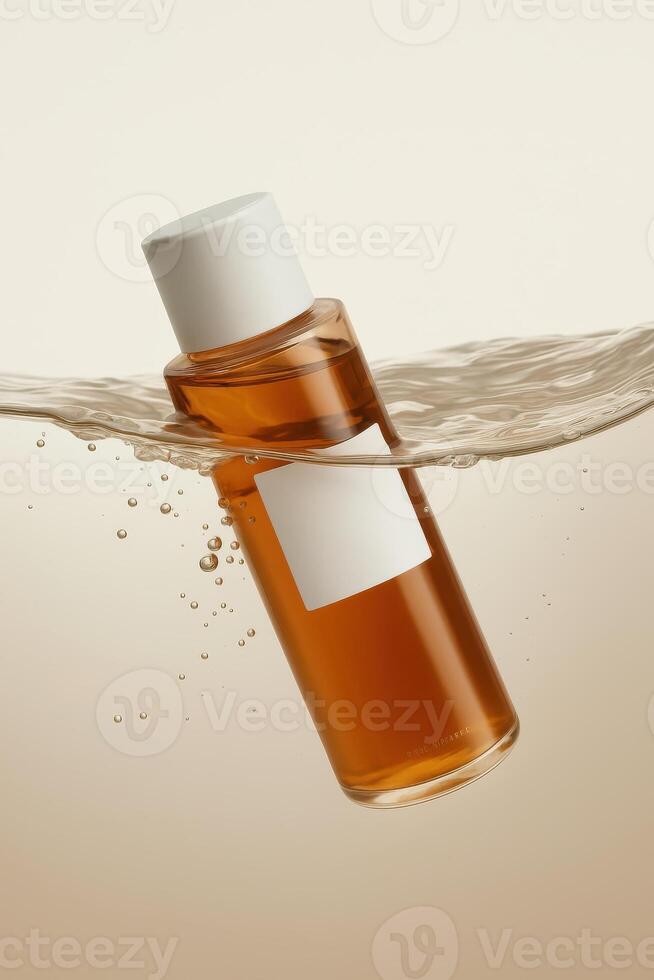 Minimalistic close-up of an amber-colored transparent cosmetic bottle with a white cap and label, partially submerged and floating in clear water, set against a soft beige background. photo